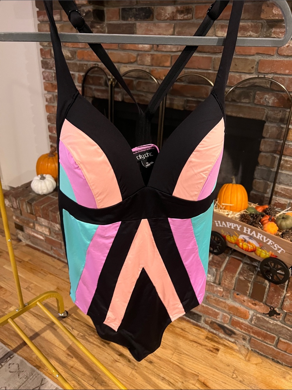 City Chic Black One-Piece Swimsuit with Pink, Peach & Aqua Panels